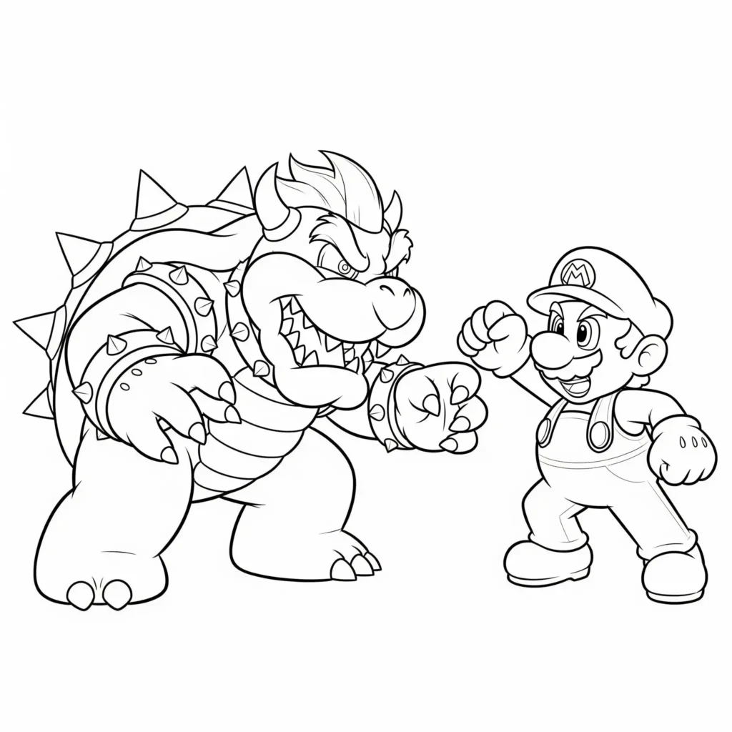 Bowser tritt gegen Mario an in diesem Ausmalbild zum Ausdrucken, kostenlose Malvorlage für Kinder und Erwachsene