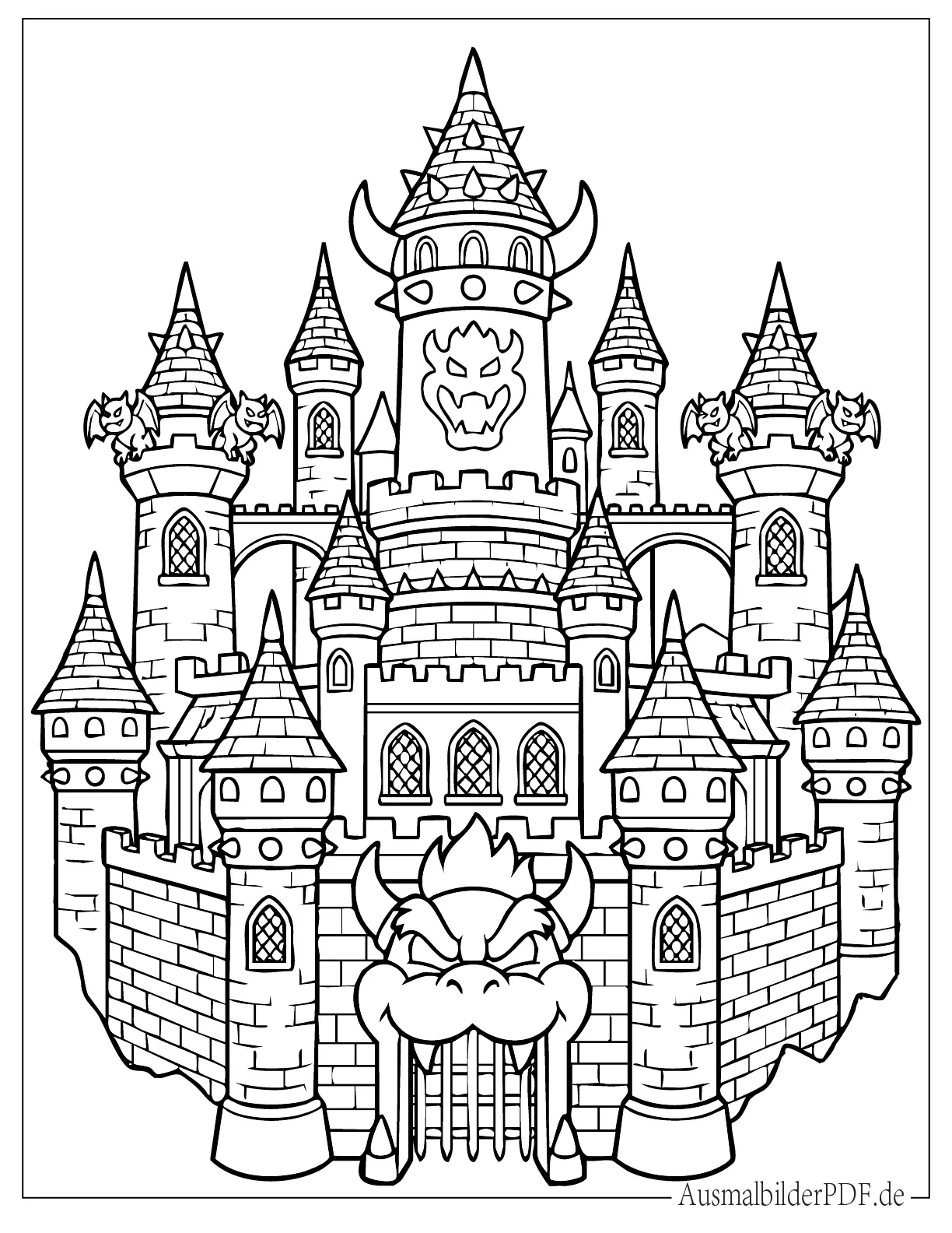 Detailliertes Bowsers Schloss ausdruckbare Ausmalbild