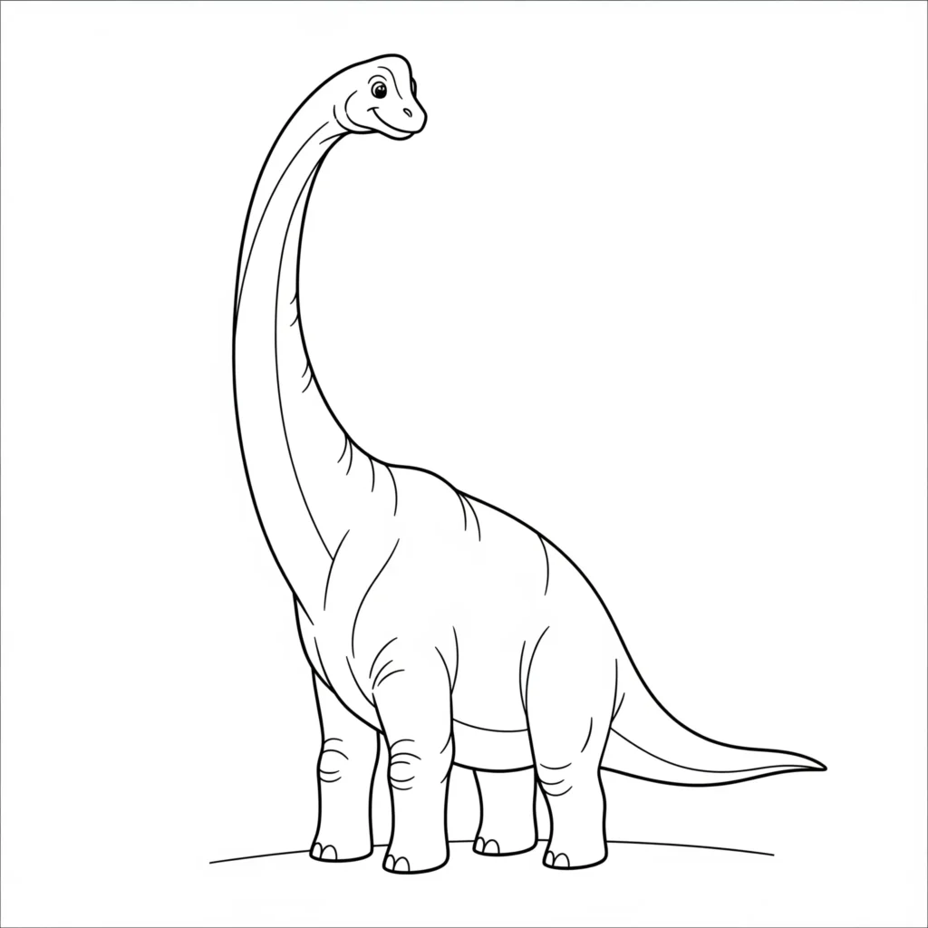 Dieses Brachiosaurus Ausmalbild zeigt einen großen Pflanzenfresser mit langem Hals, der ruhig steht und ideal zum Ausmalen für Kinder ist.