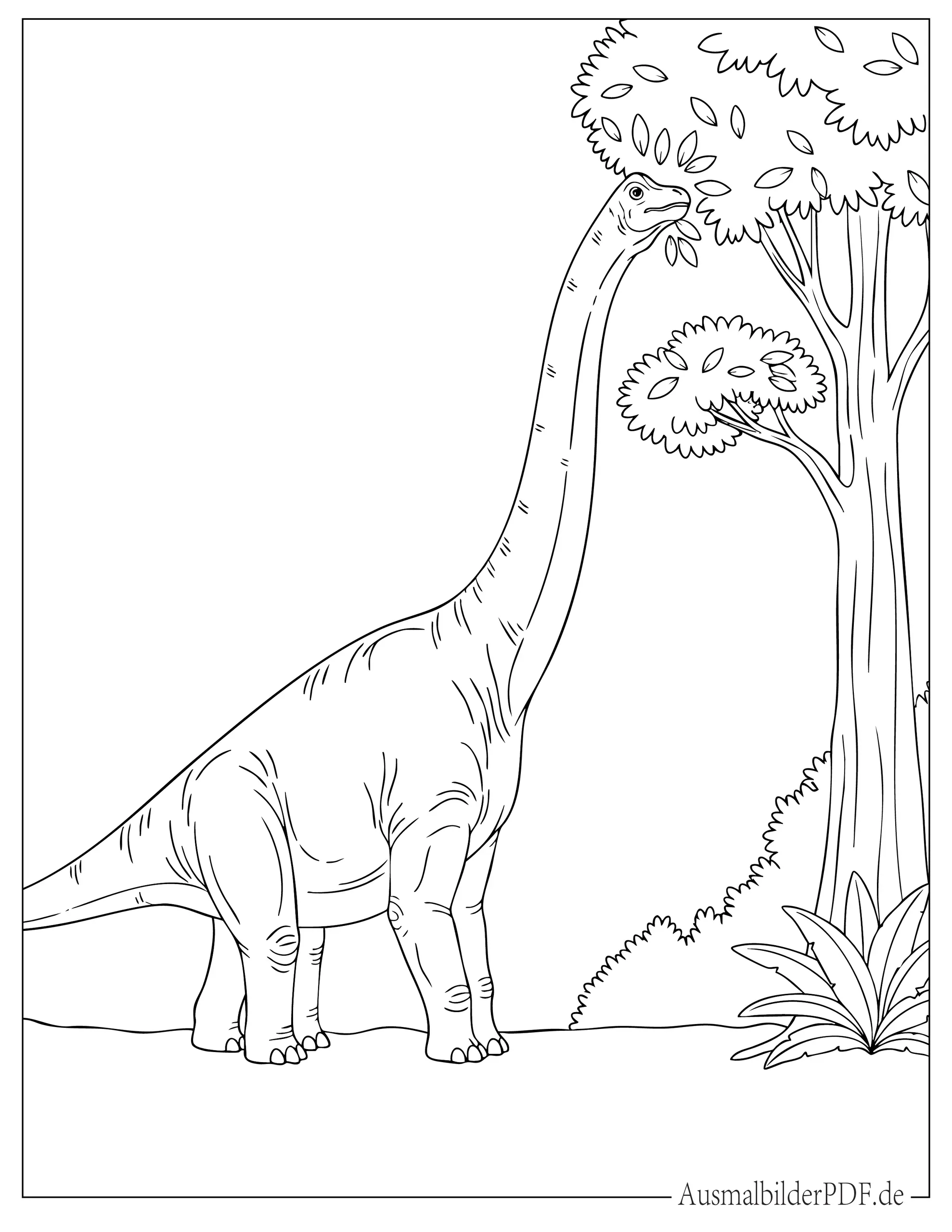 Brachiosaurus Dinosaurier frisst Blätter vom Baum Malvorlage