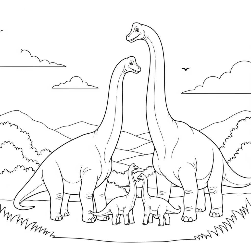 Dieses Brachiosaurus Familien Ausmalbild zeigt mehrere Dinosaurier zusammen, die ruhig nebeneinander stehen und eine freundliche Familienszene zum Ausmalen darstellen.