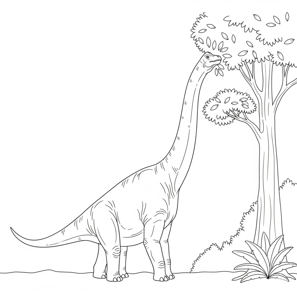 Diese brachiosaurus malvorlage zeigt einen Dinosaurier mit langem Hals, der Blätter von einem hohen Baum frisst und sich gut für kreatives Ausmalen eignet.