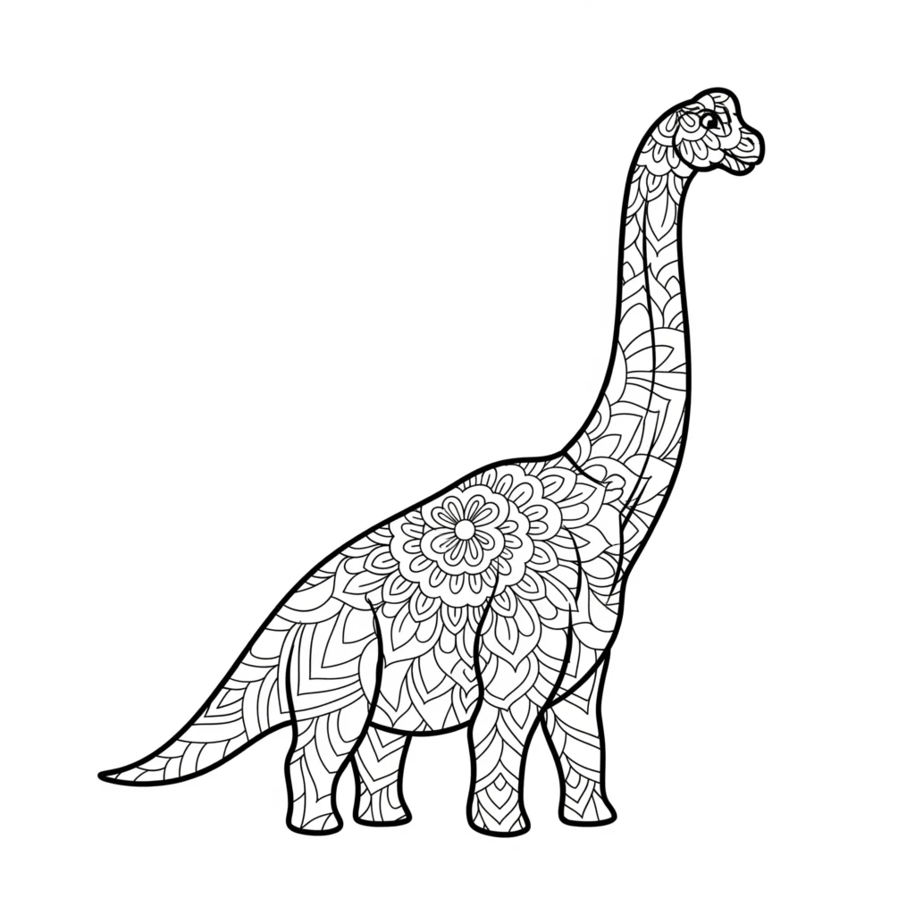Dieses Brachiosaurus Mandala zeigt einen Dinosaurier in einem dekorativen Kreisdesign, ideal für Kinder und Erwachsene zum Ausmalen und Entspannen.