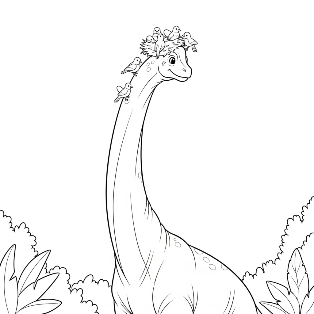 Ein großer Brachiosaurus steht ruhig, während kleine Vögel auf seinem Kopf ein Nest bauen – eine kreative Szene zum Ausmalen für Kinder.