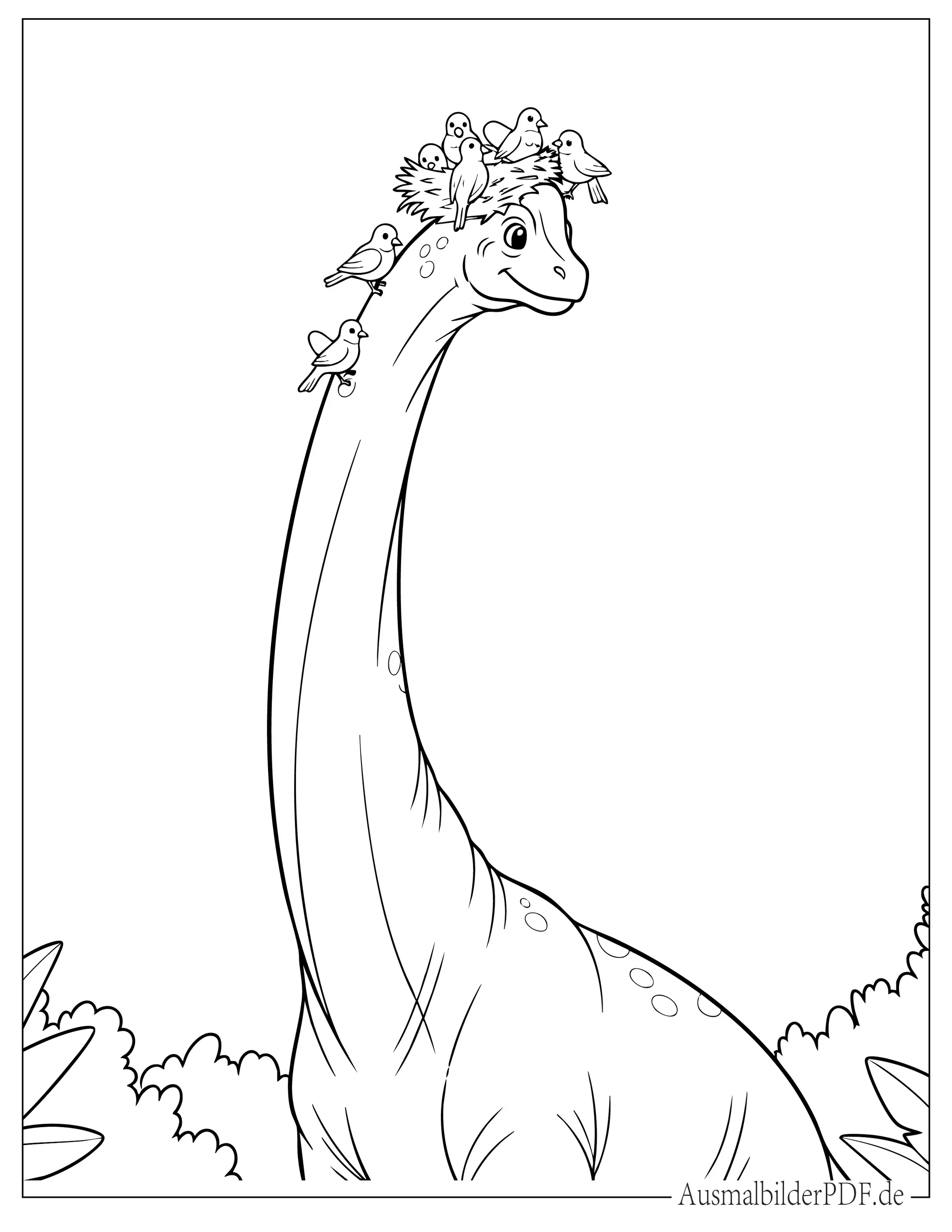 Dinosaurier Brachiosaurus mit Vögeln, die auf seinem Kopf nisten Ausmalbild