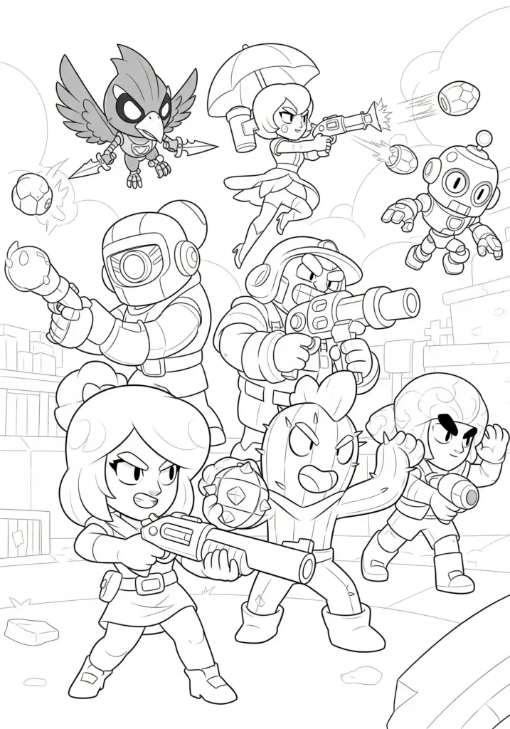 20+ Brawl Stars Ausmalbilder (Gratis Malvorlage Ausdrucken) Ausmalbild mit mehreren Brawl Stars Brawlern in Aktion. Kostenlose Malvorlage zum Ausdrucken für Kinder und Fans der Spielreihe.