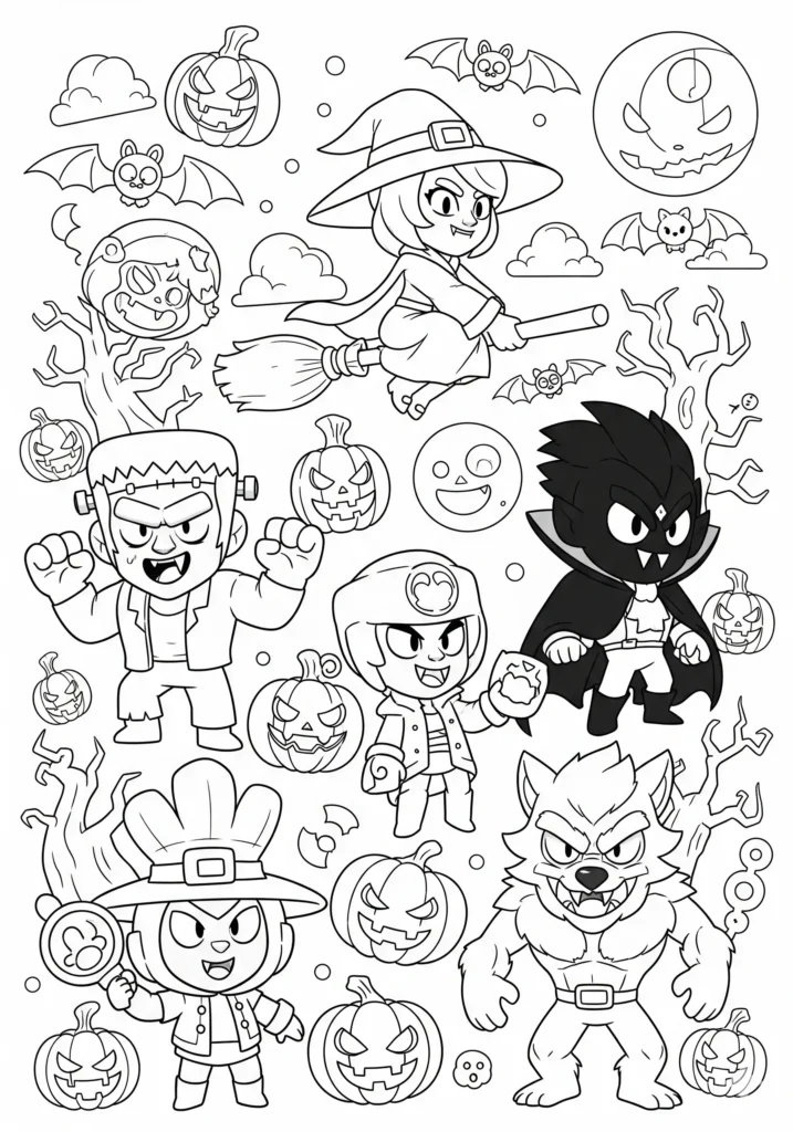 20+ Brawl Stars Ausmalbilder (Gratis Malvorlage Ausdrucken) Ausmalbild mit Brawl Stars im Halloween-Stil mit gruseligen Details. Kostenlose Malvorlage für Kinder und Fans zum Drucken und Ausmalen.
