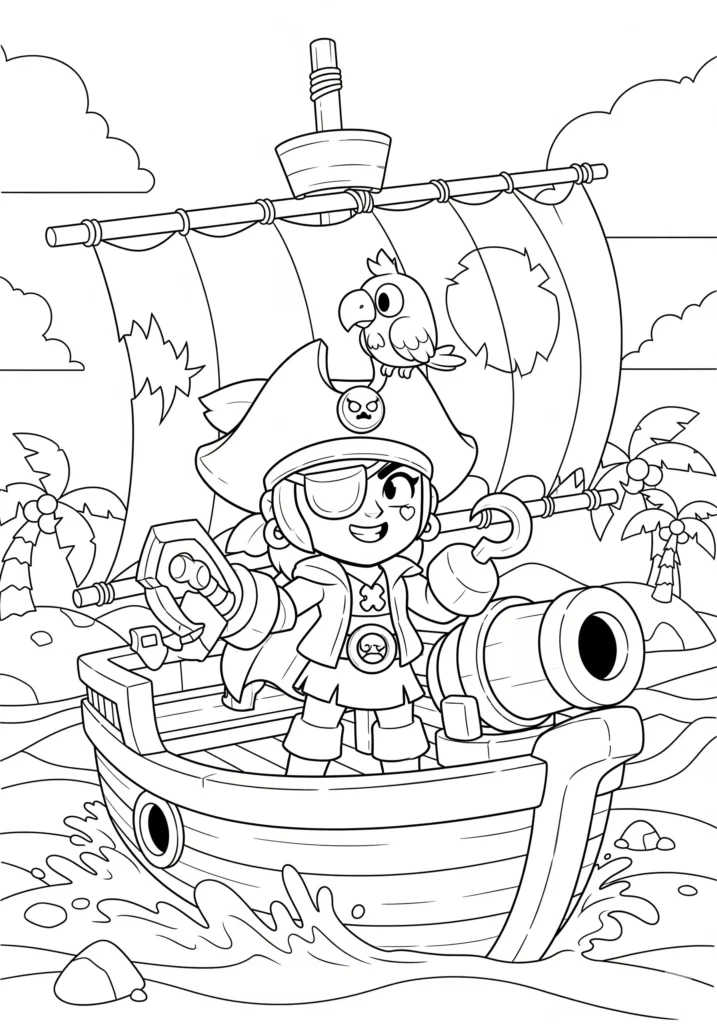 20+ Brawl Stars Ausmalbilder (Gratis Malvorlage Ausdrucken) Ausmalbild mit einem verfluchten Piraten aus Brawl Stars, der auf einem Boot steht. Kostenlose Malvorlage für Kinder und Fans zum Drucken.