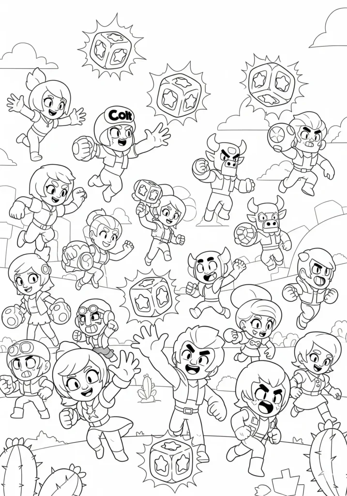 20+ Brawl Stars Ausmalbilder (Gratis Malvorlage Ausdrucken) Ausmalbild mit Brawl Stars Figuren in einer Power-Up Szene. Kostenlose Malvorlage für Kinder und Fans zum Ausdrucken und Ausmalen.