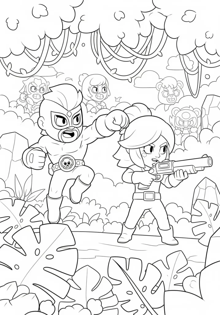 20+ Brawl Stars Ausmalbilder (Gratis Malvorlage Ausdrucken) Ausmalbild mit Brawl Stars Rumble Jungle Szene. Kostenlose Malvorlage für Kinder und Fans zum Ausdrucken und kreativ Ausmalen.