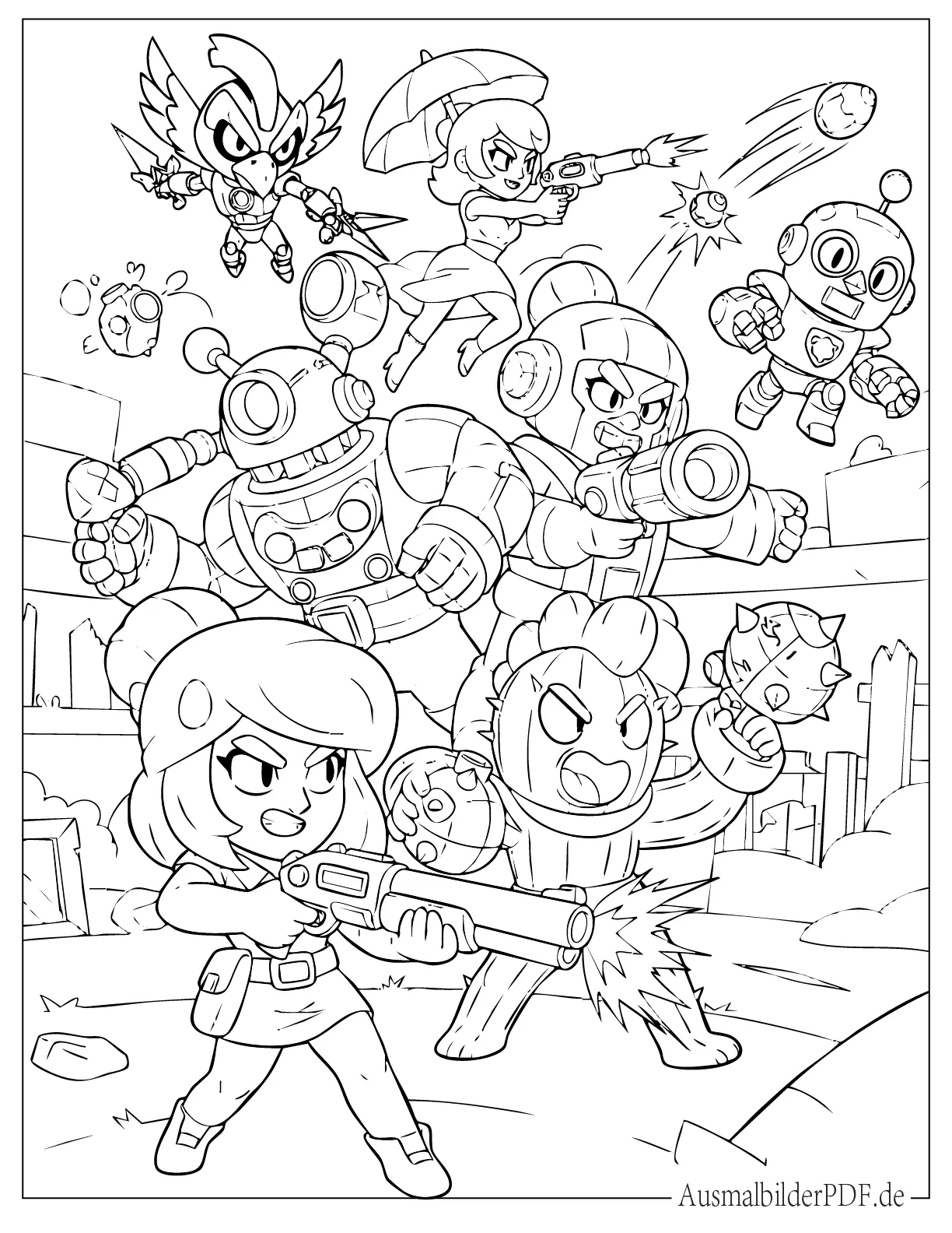 Shelly, Spike, Pam, Piper, Rico Und Crow Im Kampf Ausmalbild