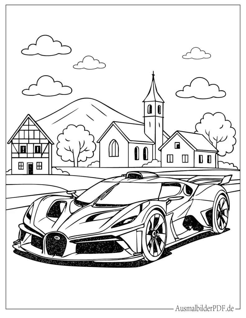 Malvorlage des schnellen Bugatti Bolide für Kinder, ideal zum Ausdrucken und kreativen Ausmalen