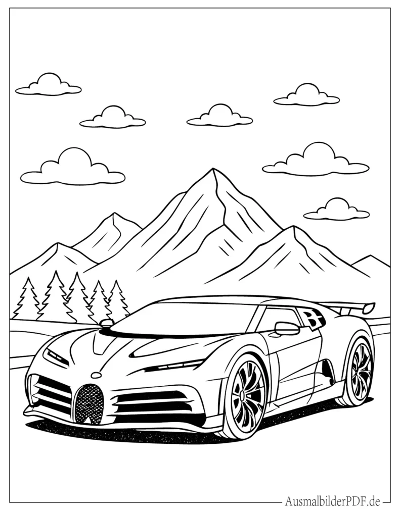 Ausmalbild des Bugatti Centodieci vor Bergkulisse für Kinder, perfekt zum Ausdrucken und Ausmalen