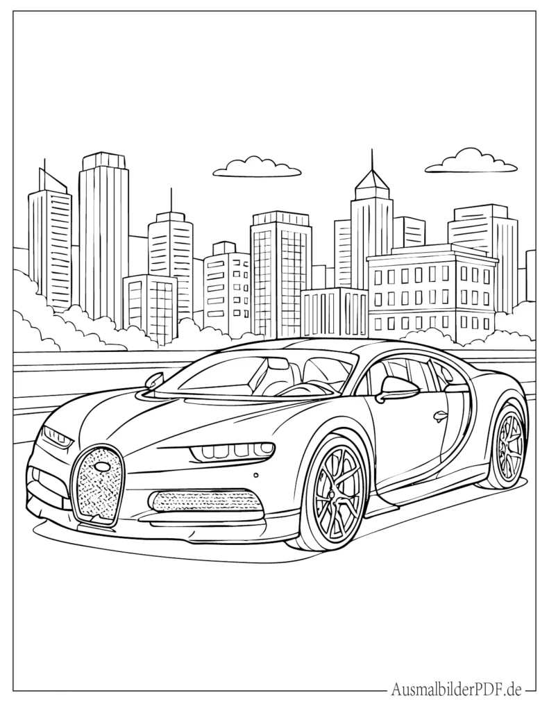 Ausmalbild eines schnellen Bugatti Sportwagens für Kinder, klare Linien und perfekt zum Ausdrucken und kreativen Ausmalen geeignet