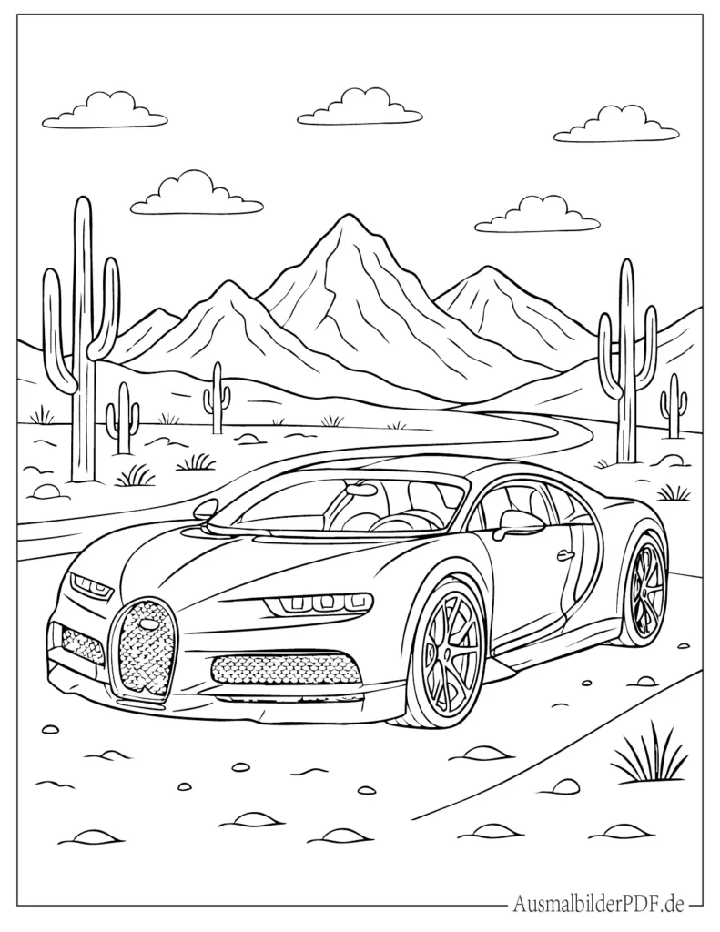 Malvorlage des Bugatti Chiron in der Wüste vor Bergen, ideal für Kinder zum Ausmalen und Drucken