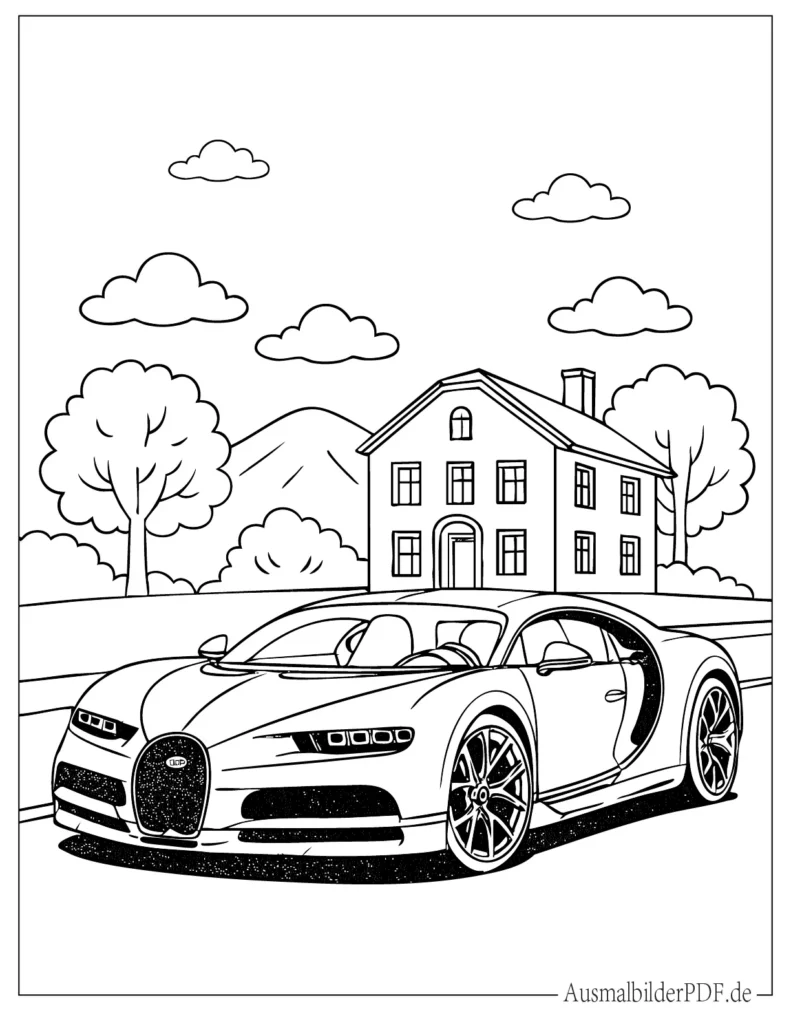 Ausmalbild des Bugatti Chiron auf der Straße für Kinder, perfekt zum Ausdrucken und kreativen Ausmalen