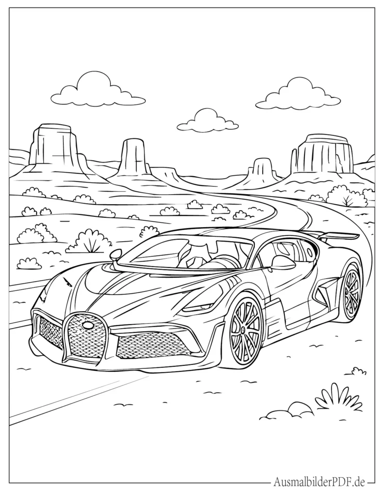 Ausmalblatt des eleganten Bugatti Divo für Kinder, ideal zum Ausdrucken und kreativen Ausmalen