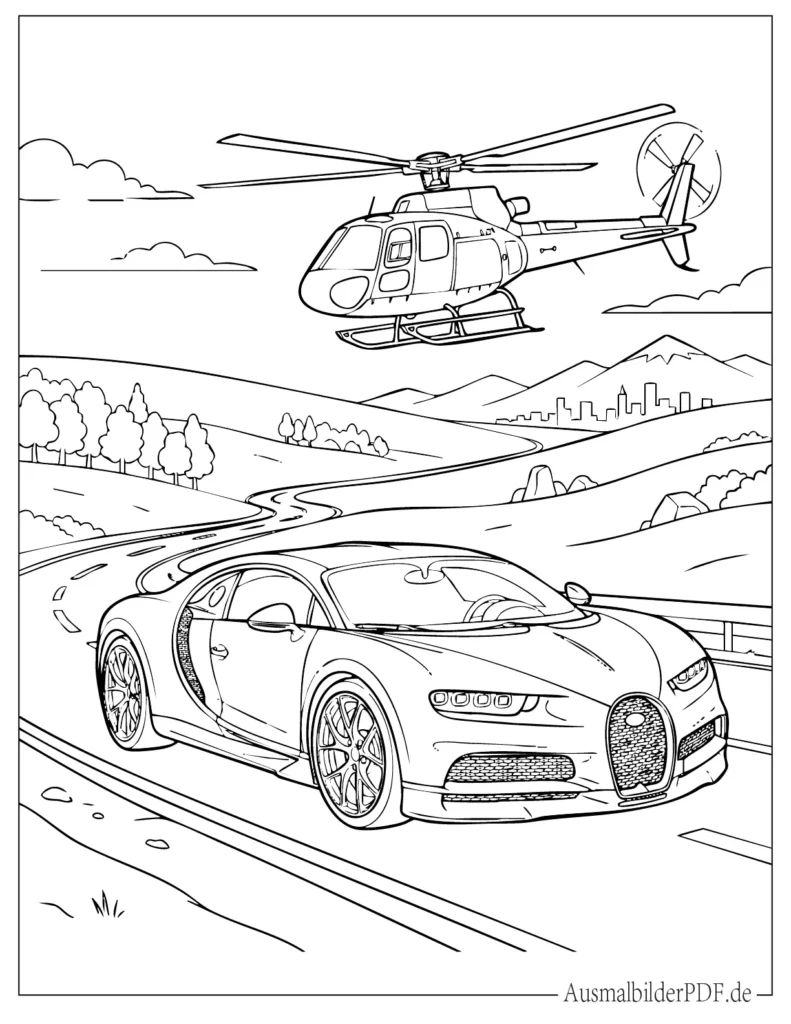 Vorlage mit Bugatti und Hubschrauber für Kinder, ideal zum Ausdrucken und kreativen Ausmalen mit Fahrzeugmotiv