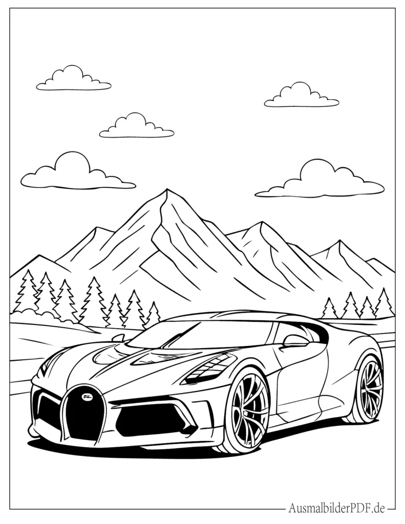 Malvorlage des eleganten Bugatti La Voiture Noire für Kinder, ideal zum Ausdrucken und Ausmalen