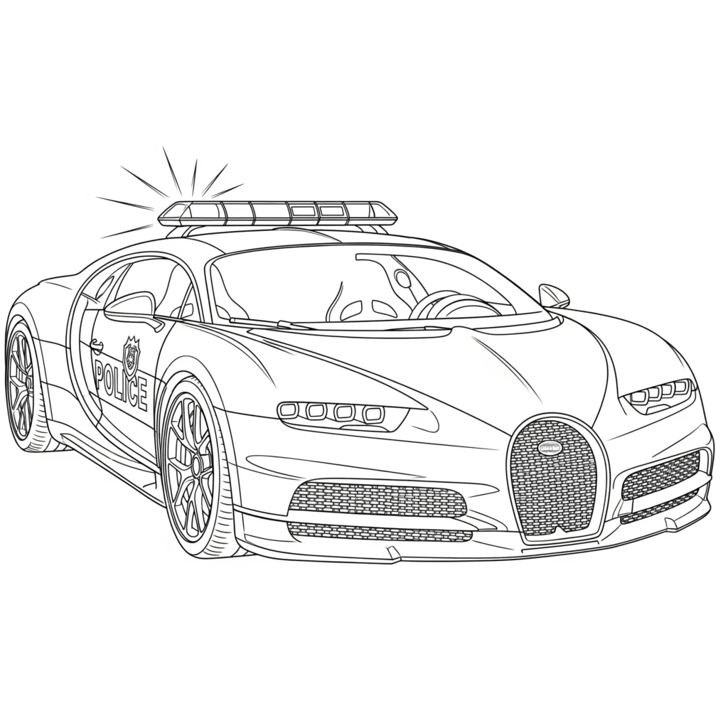 Ausmalbild eines Bugatti Polizeiautos mit sportlichem Design zum Ausdrucken und Ausmalen für Kinder