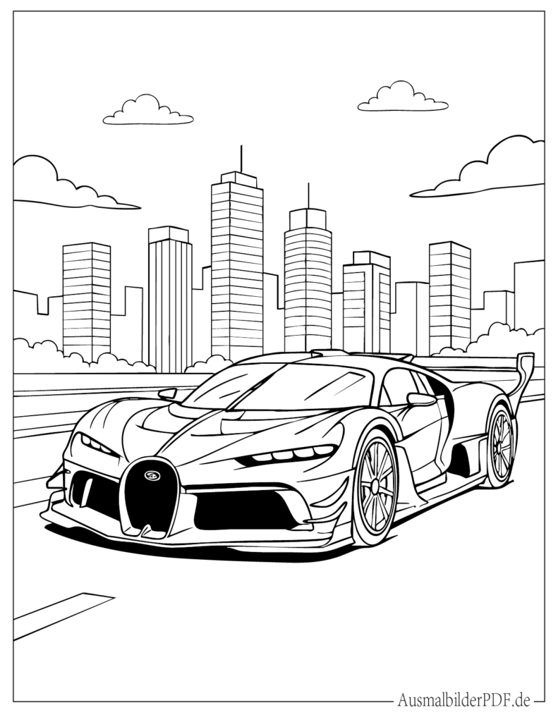 Ausmalblatt eines schnellen Bugatti Rennwagens für Kinder, perfekt zum Ausdrucken und kreativen Ausmalen