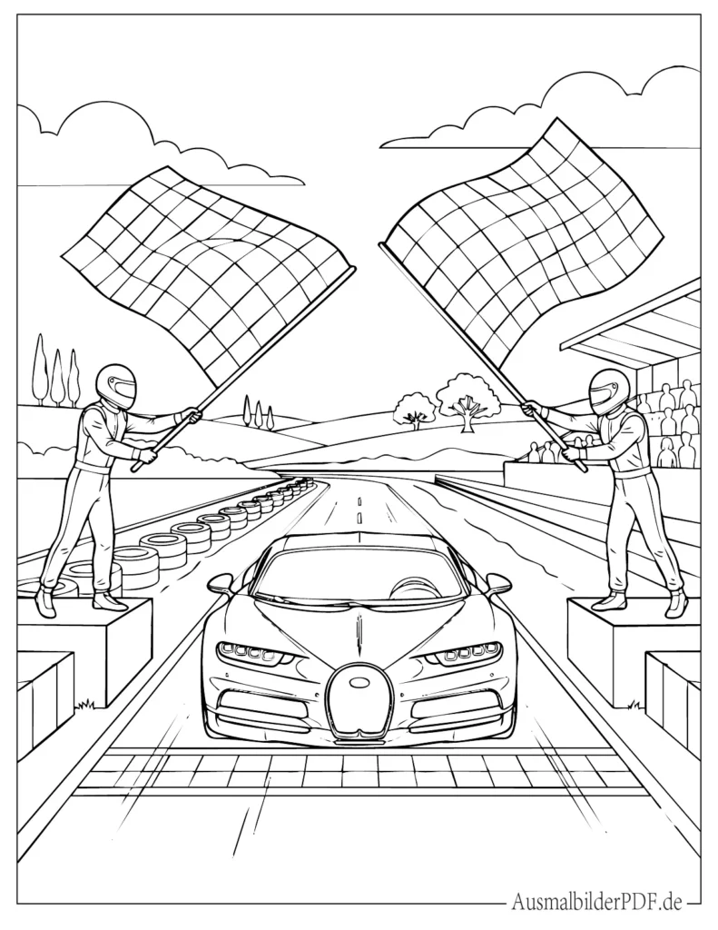 Ausmalen eines Bugatti mit Rennflaggen für Kinder, ideal zum Ausdrucken und kreativen Gestalten mit Motorsport Thema