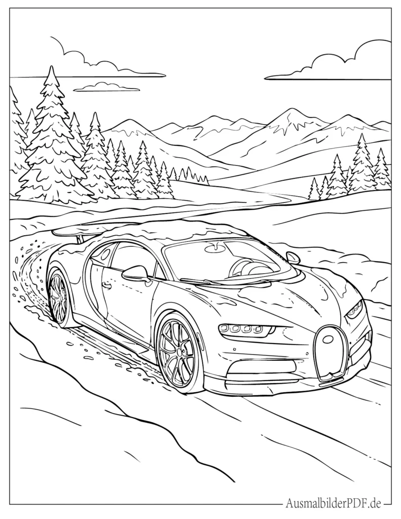 Druckvorlage eines Bugatti im Schnee für Kinder, perfekt zum Ausdrucken und kreativen Ausmalen in winterlicher Szene