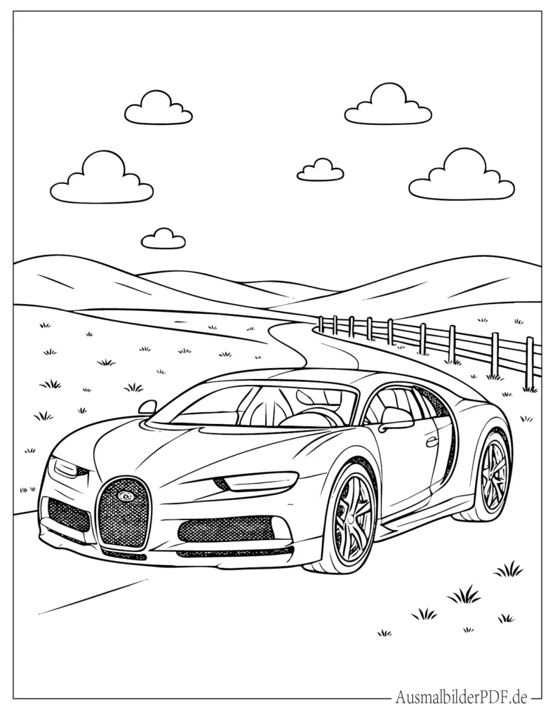 Malvorlage eines schnellen Bugatti Sportwagens für Kinder, ideal zum Ausdrucken und kreativen Ausmalen