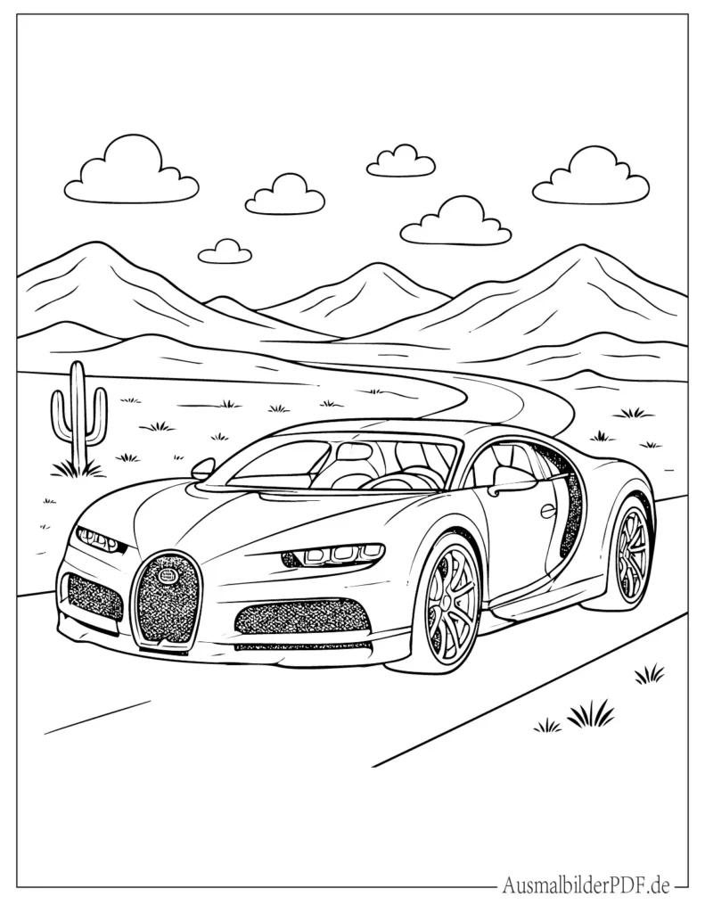 Malvorlage eines schnellen Bugatti Supercars für Kinder, perfekt zum Ausdrucken und kreativen Ausmalen