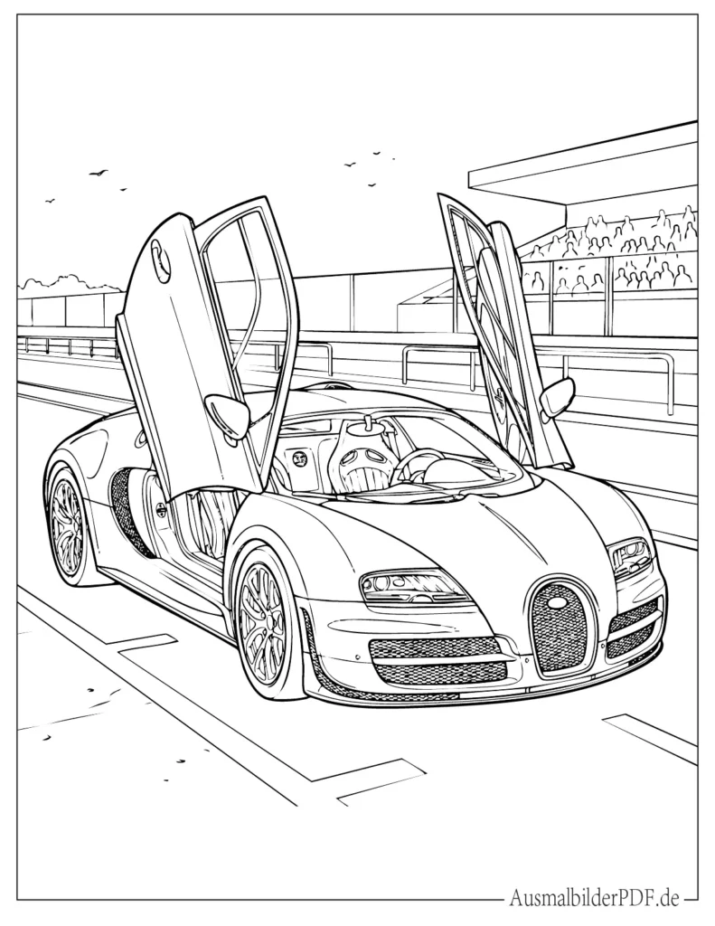 Ausmalblatt eines Bugatti mit offenen Türen für Kinder, ideal zum Ausdrucken und kreativen Ausmalen
