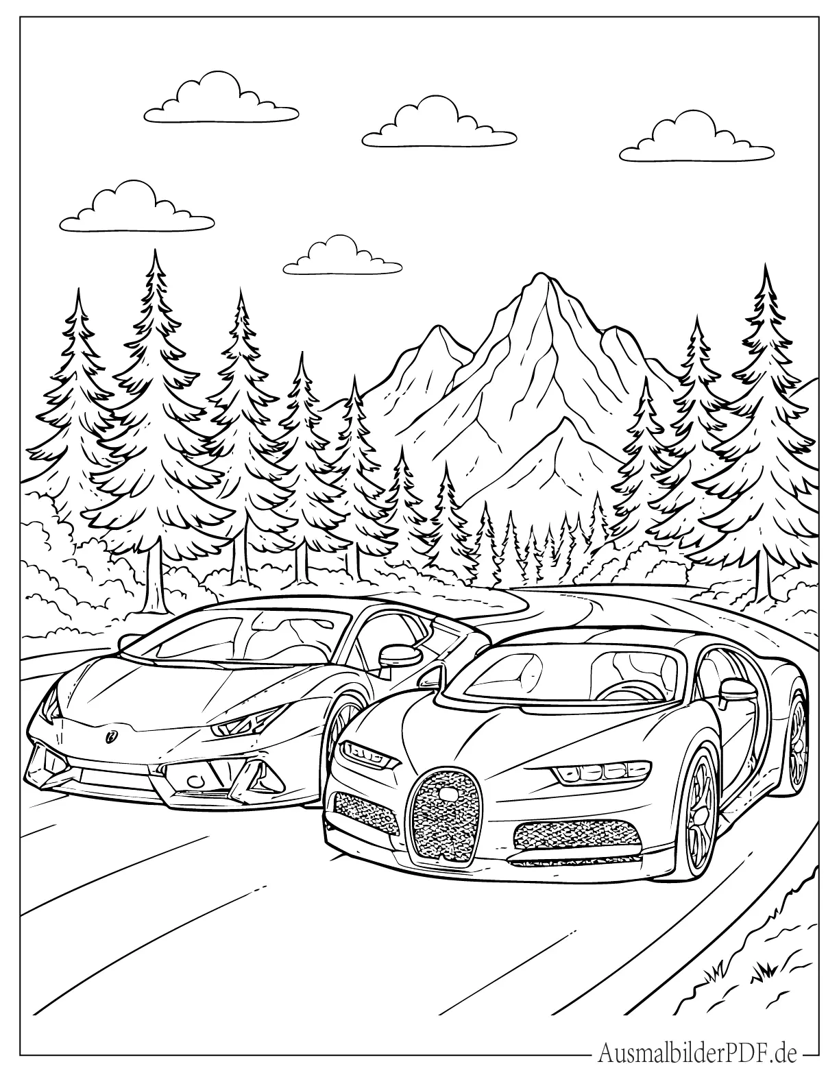 20 Bugatti Ausmalbilder (Gratis zum Ausdrucken und Ausmalen) Bugatti und Lamborghini fahren nebeneinander auf einer Waldstraße Ausmalbild
