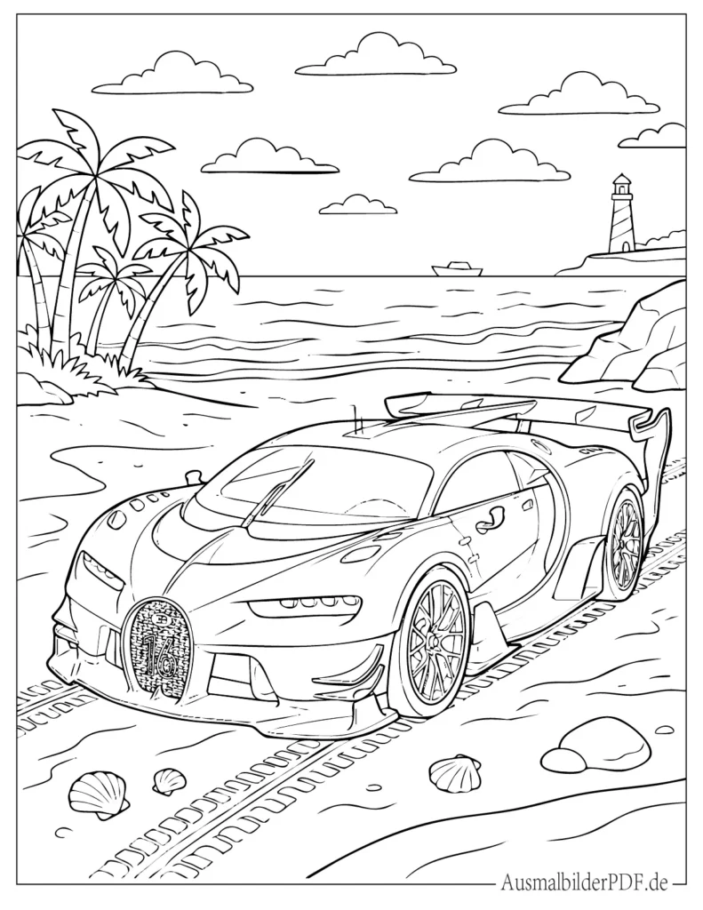 Malvorlage des Bugatti Vision Gran Turismo am Strand für Kinder, ideal zum Ausdrucken und Ausmalen