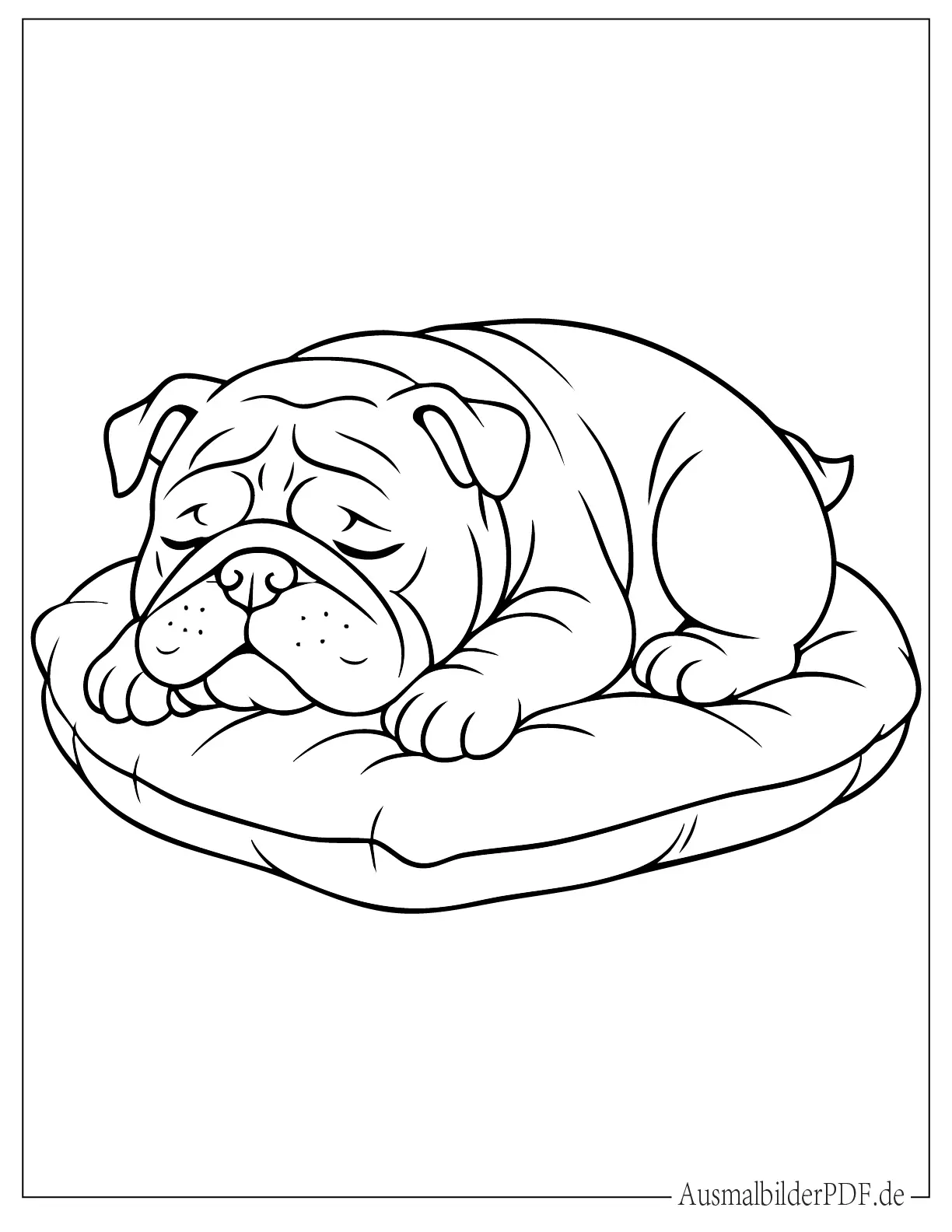 Niedliche Bulldogge schläft auf einem Kissen Malvorlage für Kinder