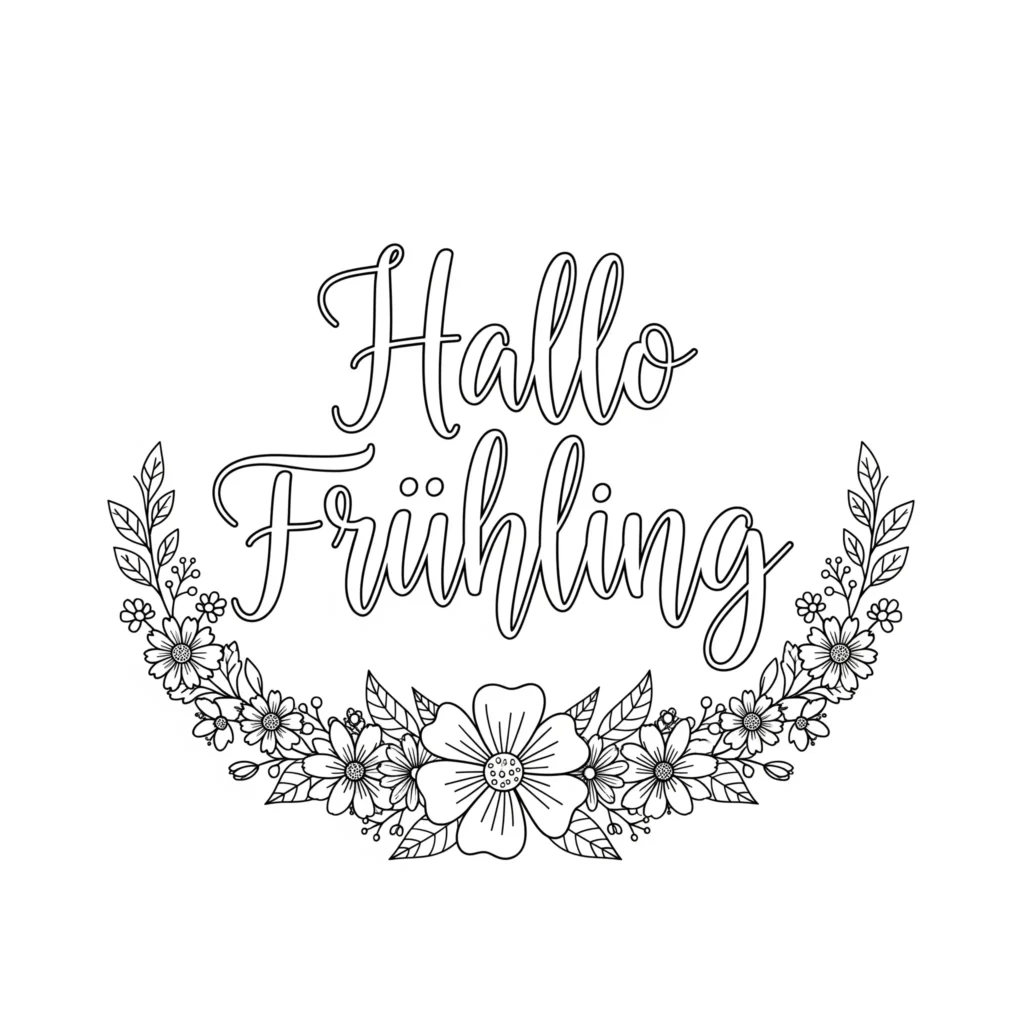 Ausmalbild mit kalligrafischem Schriftzug Hallo Frühling zum Ausmalen und Ausdrucken für Kinder und Erwachsene