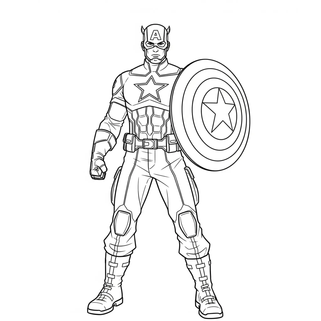 Captain America hält seinen Schild in Kampfhaltung  Ausmalbilder zum Ausdrucken für Kinder, als kostenloses PDF erhältlich