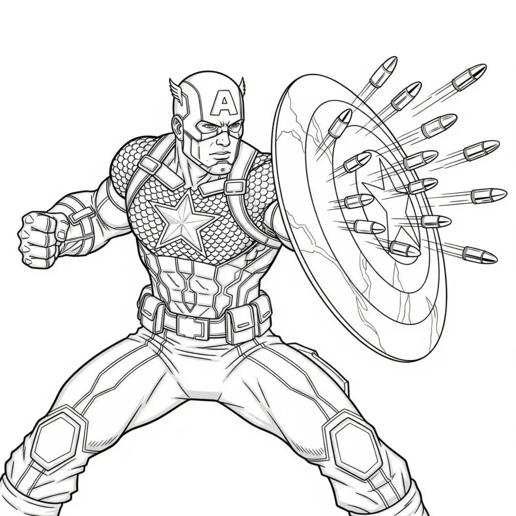 Captain America führt die Avengers im Kampf an – spannendes Ausmalbild für Kinder zum Ausdrucken, als kostenlose PDF verfügbar