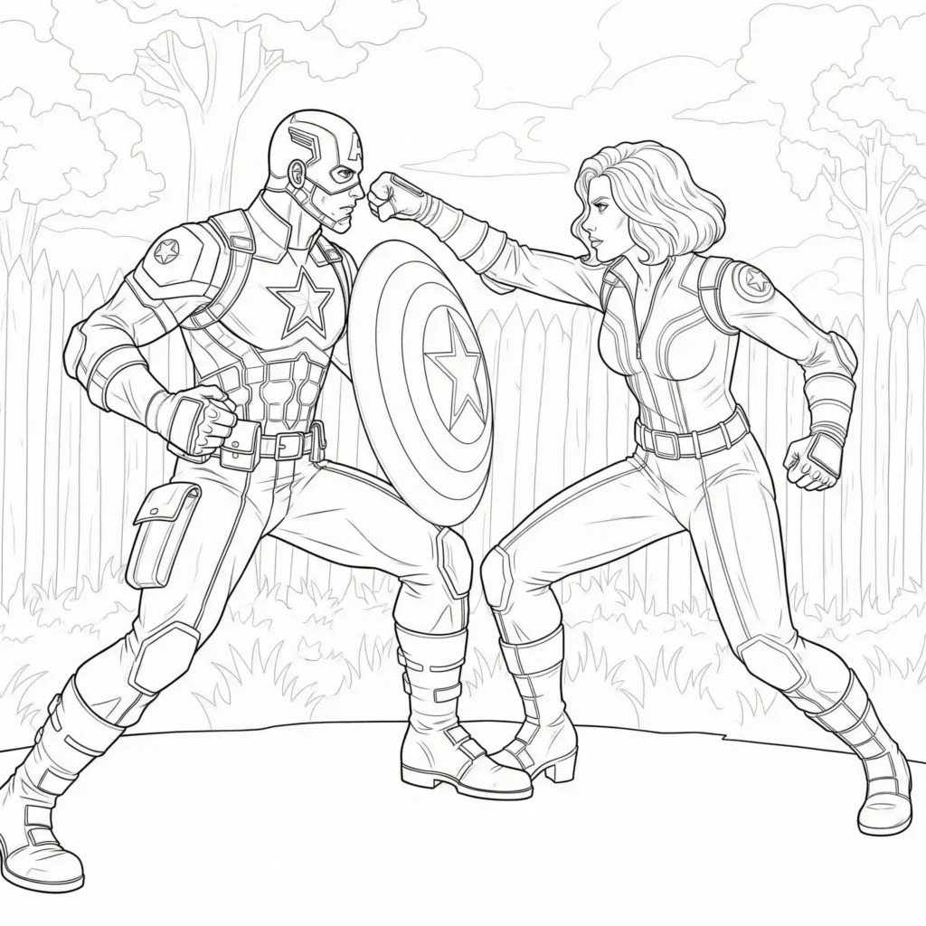 Captain America steht zusammen mit Black Widow – spannendes Ausmalbild für Kinder, als PDF kostenlos zum Ausdrucken