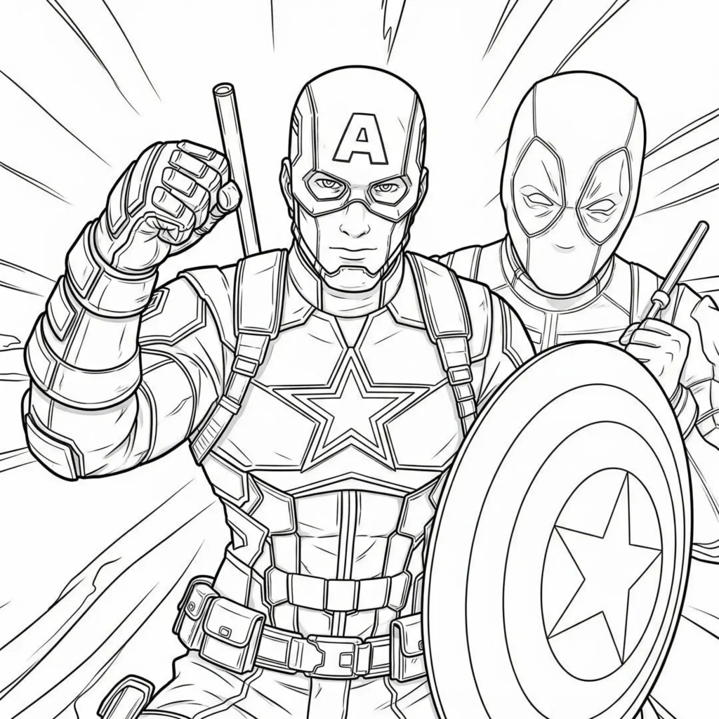 Captain America und Deadpool gemeinsam als Ausmalbild – aufregendes Motiv für Kinder, als PDF kostenlos zum Ausdrucken