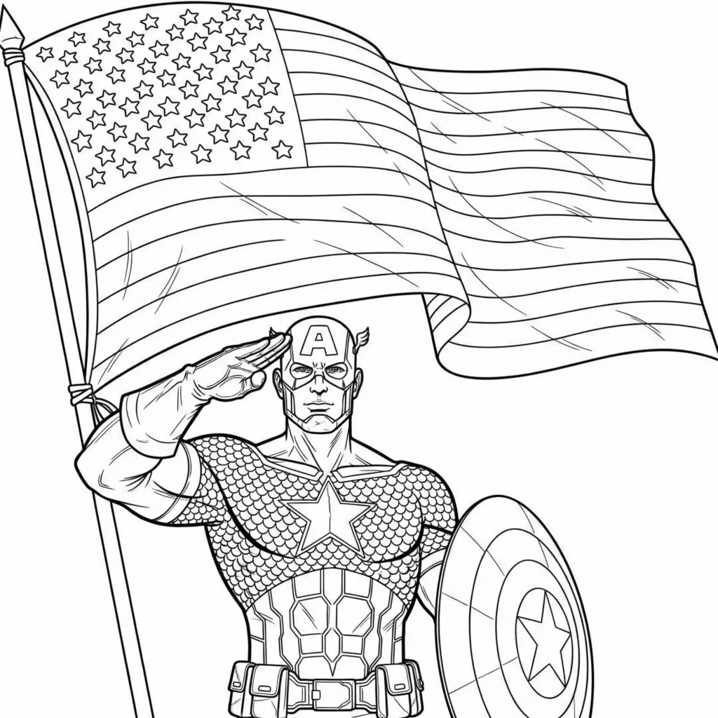 Captain America steht stolz mit amerikanischer Flagge im Hintergrund – patriotisches Ausmalbild für Kinder, als PDF kostenlos zum Ausdrucken