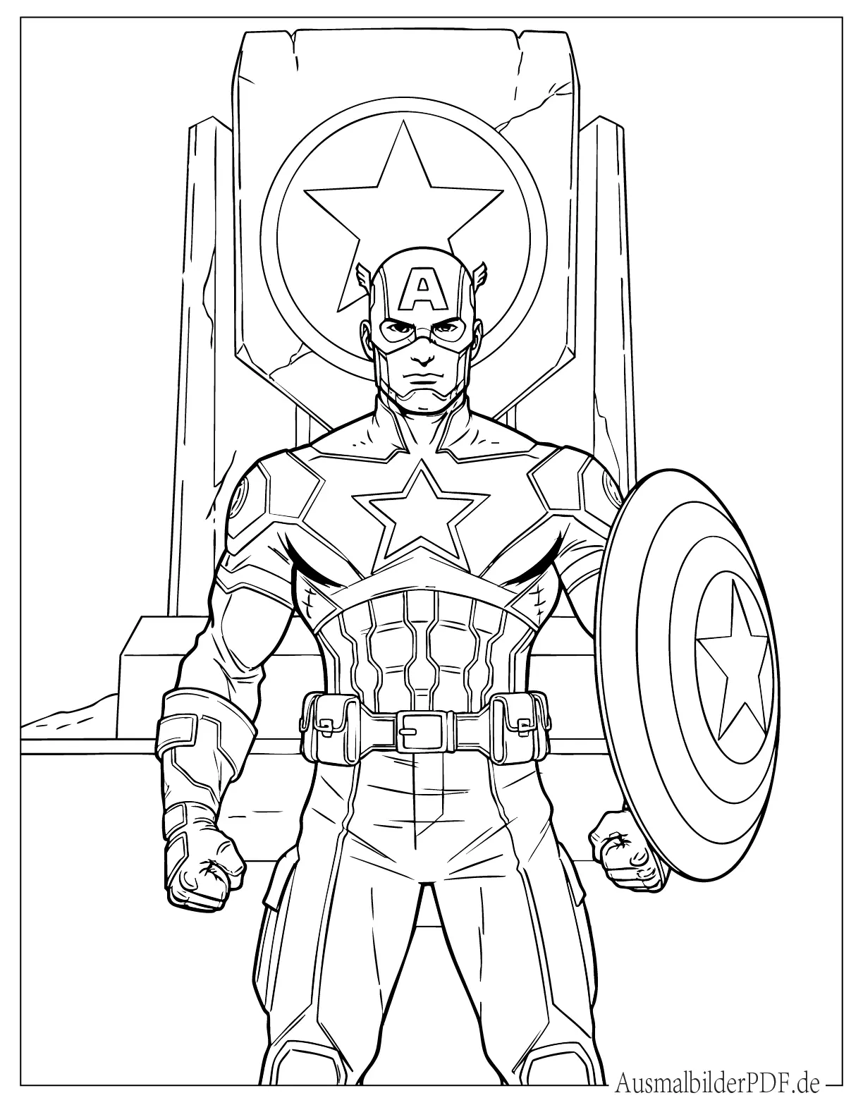 Captain America in Superheldenpose mit Schild Malvorlage