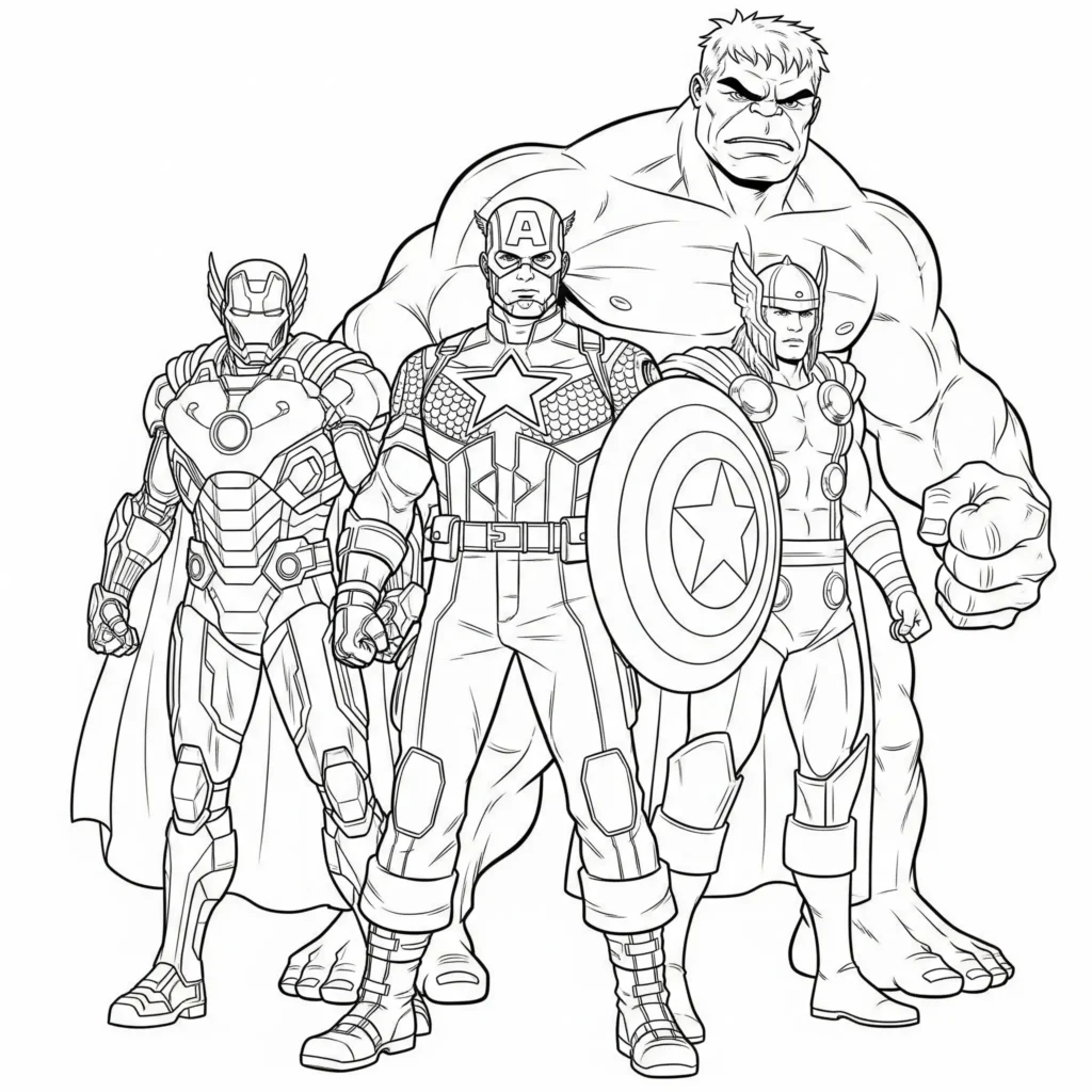 Captain America steht zusammen mit dem Avengers Team – buntes Ausmalbild für Kinder, als PDF kostenlos zum Ausdrucken
