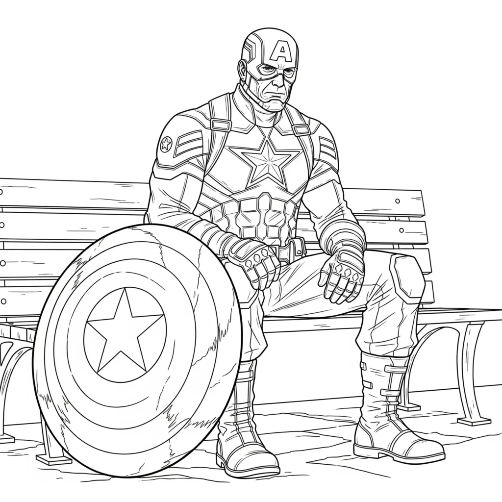 Captain America steht mit seinem ikonischen Schild – tolles Ausmalbild für Kinder, als kostenloses PDF zum Ausdrucken verfügbar