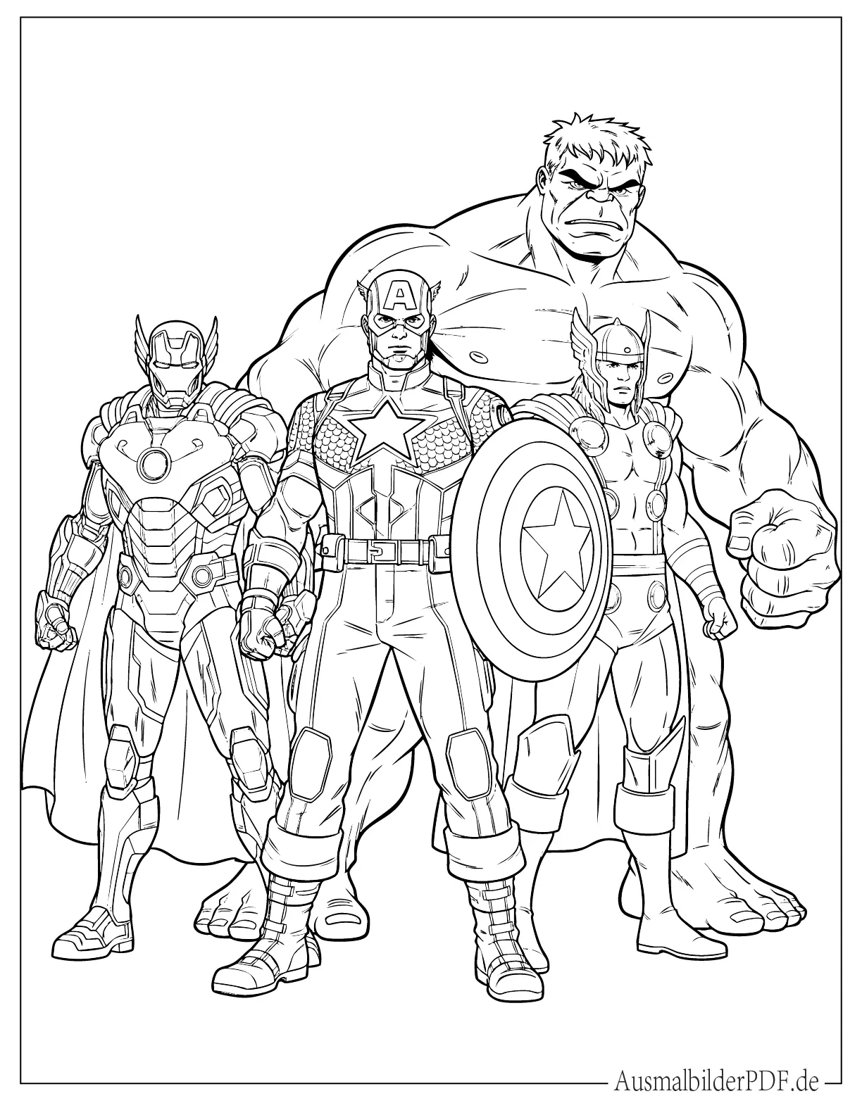 Avengers Captain America mit Thor, Hulk und Iron Man zum Ausmalen
