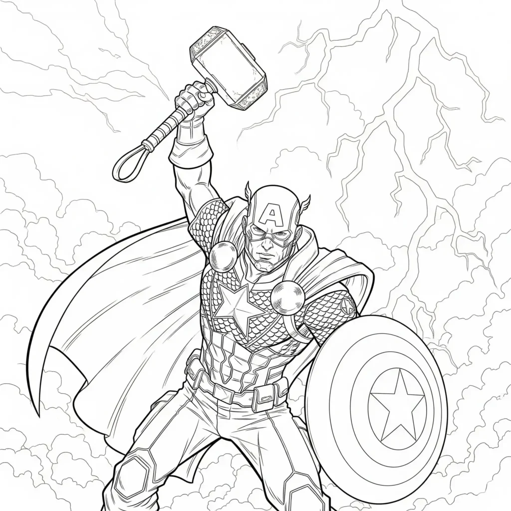 Captain America fängt den Hammer Mjolnir – spannende Malvorlage zum Ausdrucken für Kinder, als kostenlose PDF verfügbar