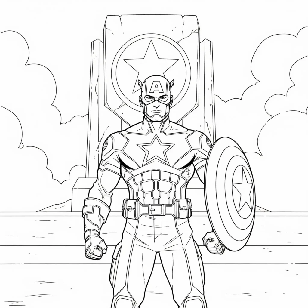 Captain America steht vor einem großen schildförmigen Denkmal – starkes Ausmalbild für Kinder zum Ausdrucken, als PDF kostenlos verfügbar