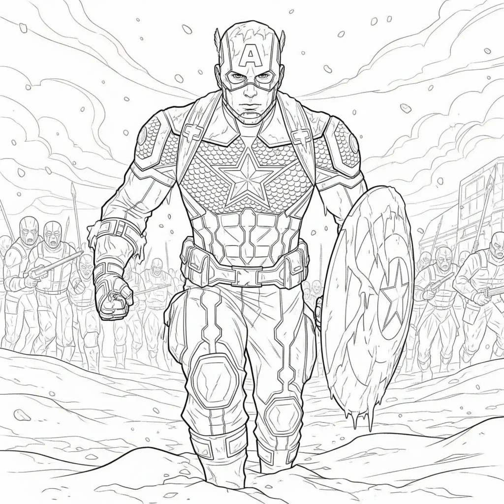 Captain America steht mutig auf einem verschneiten Schlachtfeld – spannendes Ausmalbild für Kinder, als PDF kostenlos zum Ausdrucken