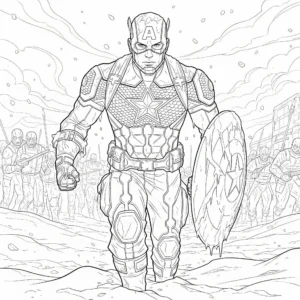 Captain America steht mutig auf einem verschneiten Schlachtfeld – spannendes Ausmalbild für Kinder, als PDF kostenlos zum Ausdrucken