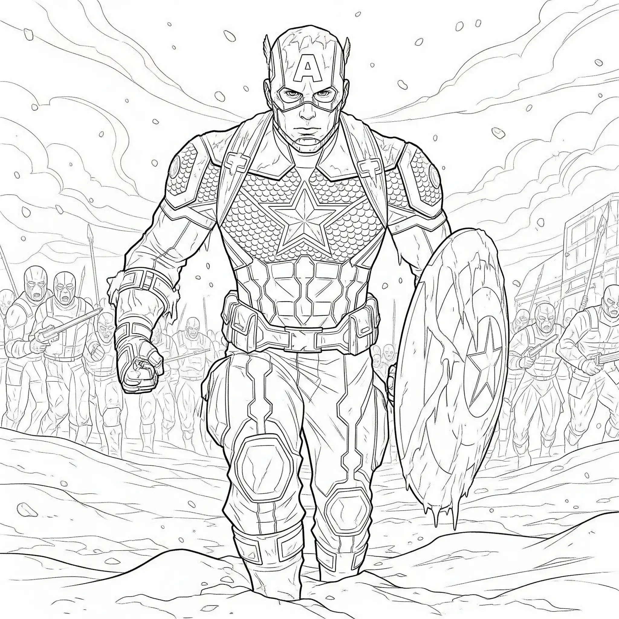 Captain America steht mutig auf einem verschneiten Schlachtfeld – spannendes Ausmalbild für Kinder, als PDF kostenlos zum Ausdrucken