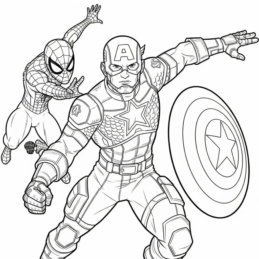 Captain America und Spider-Man zusammen als Ausmalbild – spannendes Motiv für Kinder, als PDF kostenlos zum Ausdrucken verfügbar