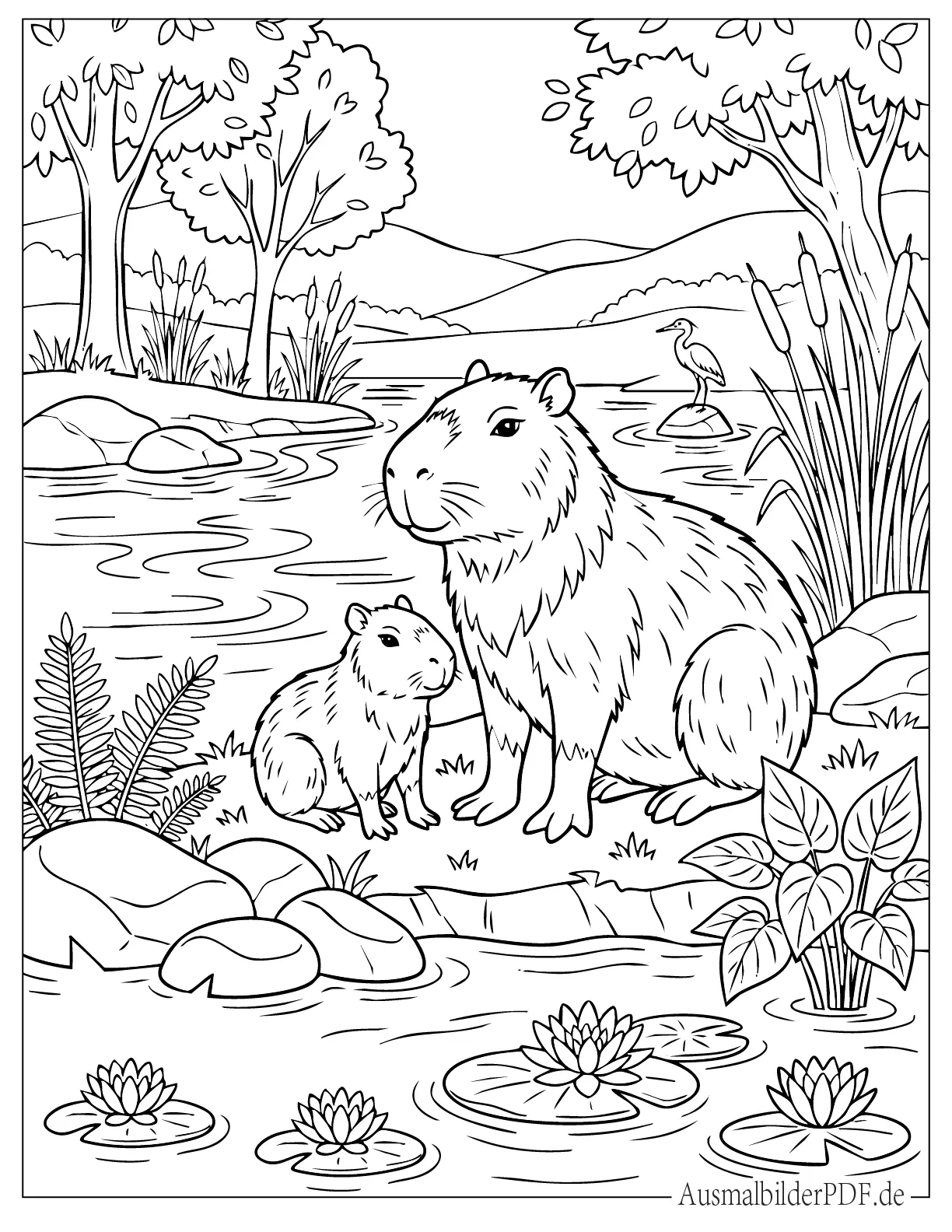 Wasserschwein mit Baby sitzt am See in der Wildnis Malvorlage